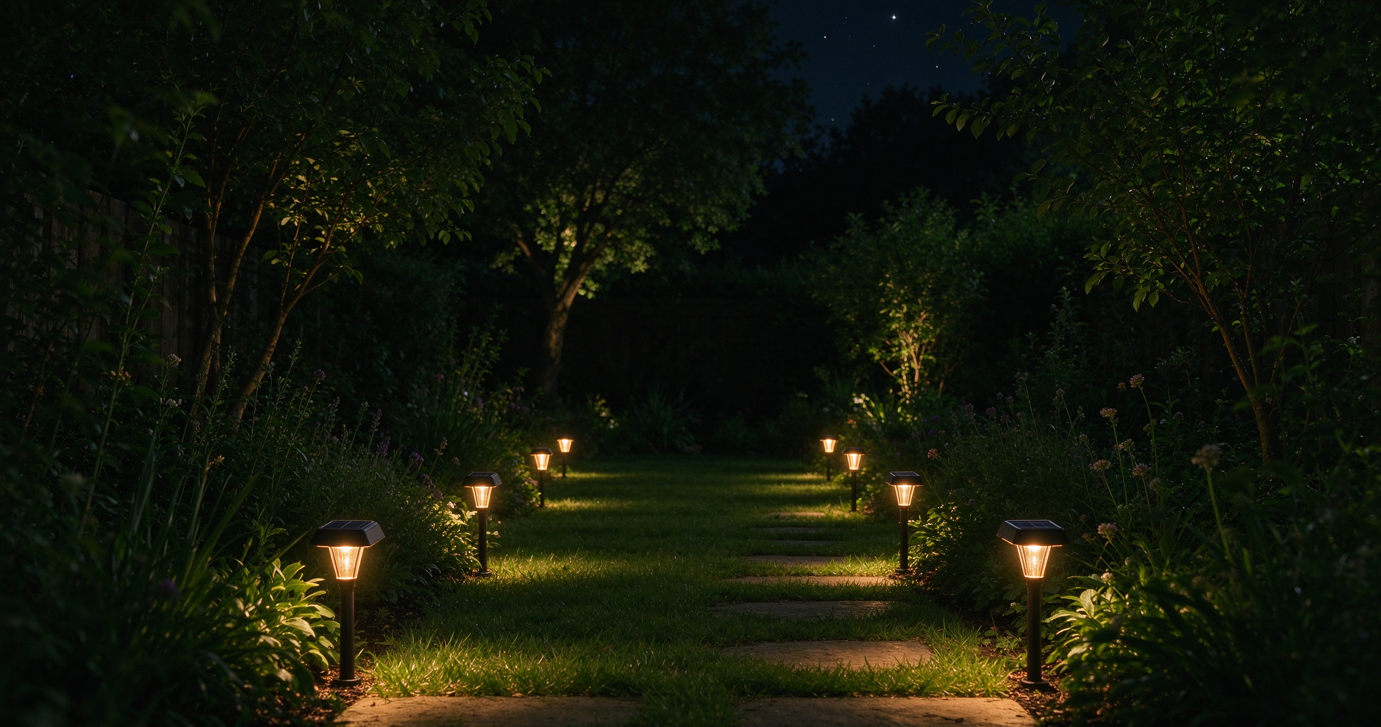 Night garden with solar outdoor lights